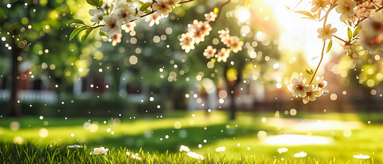 Bright Spring Day in the Meadow, Wildflowers and Fresh Green Grass, Sunny Backdrop