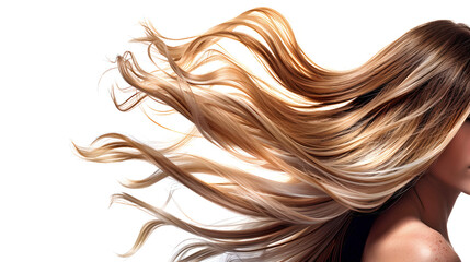 Woman with flowing hair, beauty and style concept. Flawless blonde highlights in motion. Perfect for salon promotions and beauty blogs. AI