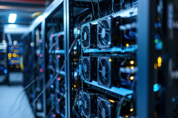 Technology infrastructure with rows of servers, wires, and lights in a data center room