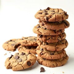 Homemade Chocolate Chip Cookies Stacked Tower Promises A Sweet Indulgence, Isolated Against A Clean White Background, Illustrations Images