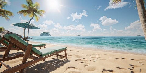 Beach scene - tropical summer vacation with beach chair and umbrella on sandy beach on the ocean shore