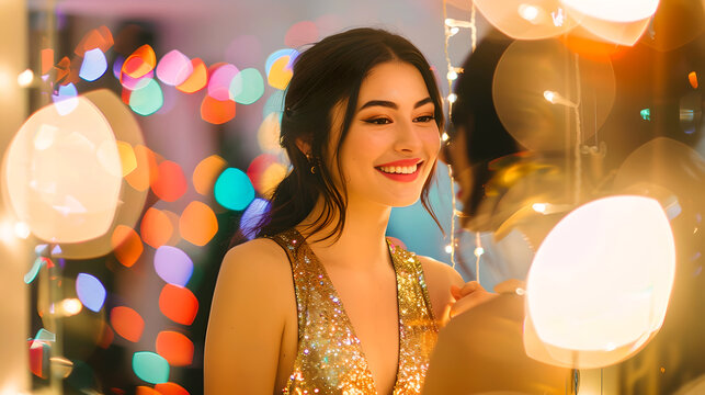 Elegant woman enjoying a festive event with bokeh lights. Sparkling dress, joyful mood. Elegant celebration ambiance. AI