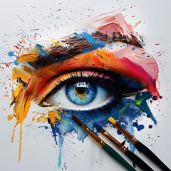 Bright creative eye makeup. Close-up of a woman's eye with perfect artistic makeup. A set of brushes for a makeup artist. 