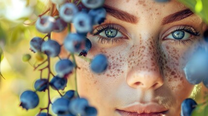 A woman with freckles is smiling in a field of electric blueberries, her nose wrinkled in happiness as she picks the fruit. Her eyelashes flutter with joy, jawline sharp in a gesture of contentment