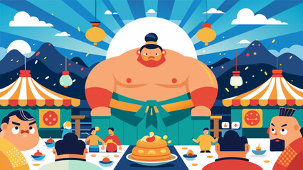 A myriad of food stalls and colorful decorations provide the backdrop as the sumo wrestlers engage in an epic clash of titans.. Vector illustration
