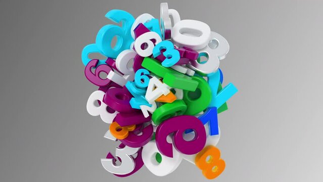 Birth of many colorful 3d numbers. 3d animation. 4K.