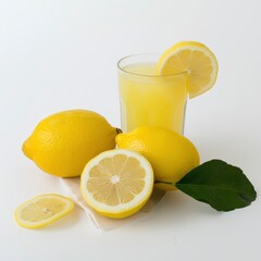 Lemon Juice Or Lemonade Is Showcased With Fresh Yellow Lemon Fruit And A Green Leaf Against A Clean White Backdrop, Illustrations Images
