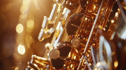 Close-up of the bell and keys of an alto saxophone.

 - obrazy, fototapety, plakaty