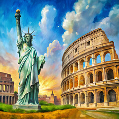 Fototapeta premium 2 posters of the Museum of Rome, the Statue of Liberty, Colosseum of Rome in oil, soft brush strokes, impressionism style