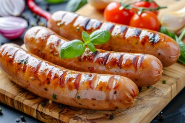 Delicious grilled pork sausage with assorted vegetables served on a rustic wooden platter