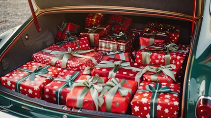 Car trunk filled with beautifully wrapped Christmas presents in red and green.

