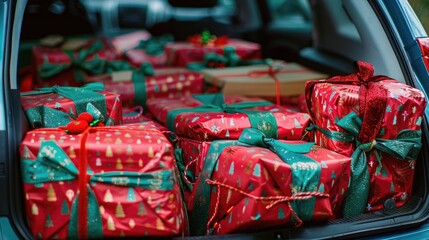 Car trunk filled with beautifully wrapped Christmas presents in red and green.

