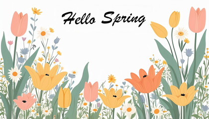 Hello Spring card or horizontal poster for spring holidays with wildflowers, daisies, and tulips pattern. Hand drawn Floral art template for Easter, birthday or Mothers Day decor generative ai