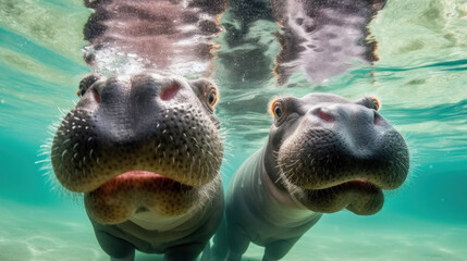 Two Hippos Underwater with Close-Up Faces Reflecting Off Water Surface