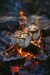 Two marshmallows are being cooked over a fire