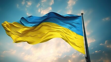 Majestic Ukrainian Flag Waving Proudly Against a Bright Blue Sky