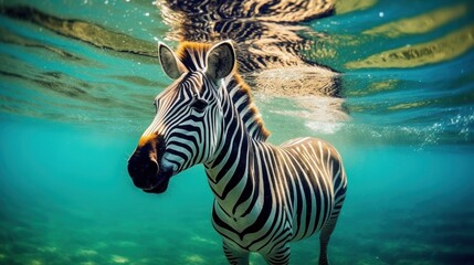 Obraz premium Stunning Underwater Photograph of a Zebra Swimming in Crystal Clear Water