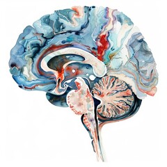 Obraz premium A fascinating watercolor of a brain scan delves into the complexities of neurology, illustrated on an isolated white background