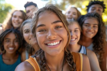 Fototapeta premium A group of young people are smiling for the camera in a crowd. Generative AI.