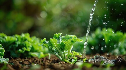 Watering macro water drop on the small plant kale green foliage with green background

