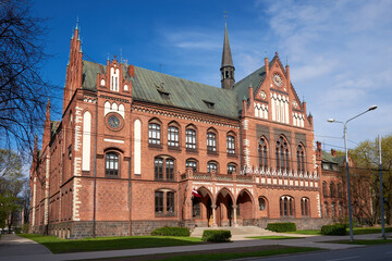 Old tourist landmark attractions in Riga city - ancient retro building of Academy of arts, Riga, Latvia.