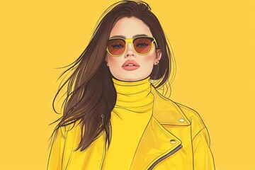 fashionable model in bright yellow jacket and stylish sunglasses vector fashion illustration