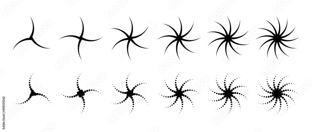 Aufkleber Different twist and swirl element set. Black twirl and rotating lines collection. Circular radial revolving whirlwind symbols bundle for graphic design. Tornado and whirlpool effect pack. Vector