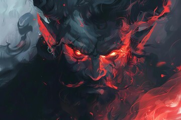 fierce anime male character with demonic oni face evil glowing eyes digital painting portrait