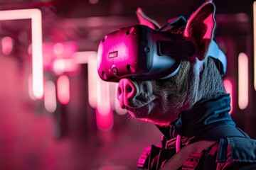Creative charismatic of a social animal, outfitted in a uniform symbolizing unity, leading a peaceful demonstration in a virtual reality platform, with HUD