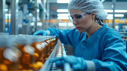 Female production worker examining medicine bottles on pharmaceutical healthcare medicine mass production conveyor belt. Pharmacist in PPE protective blue clothing. Copy space - Powered by Adobe