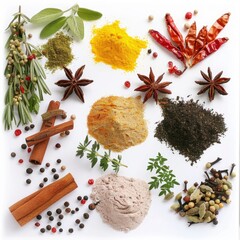 Spices And Herbs Are Meticulously Arranged, Isolated Against A Clean White Background, Illustrations Images