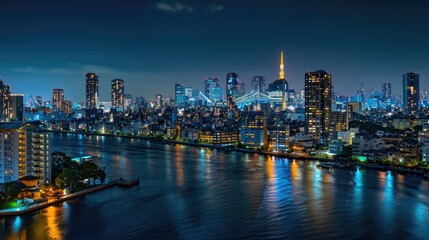 Obraz premium Tokyo waterfront skyline over Tsukishima residential area and Sumida river in Tokyo, Japan at night
