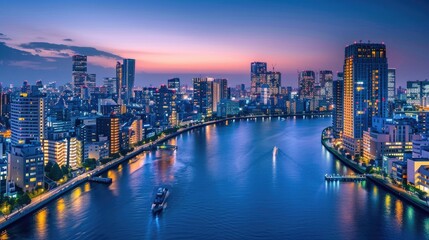 Tokyo waterfront skyline over Tsukishima residential area and Sumida river in Tokyo, Japan at night


