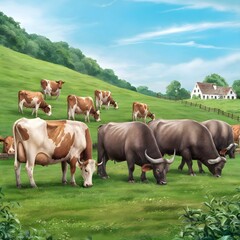 Naklejka premium Rural Landscape with Grazing Cows and Buffalos