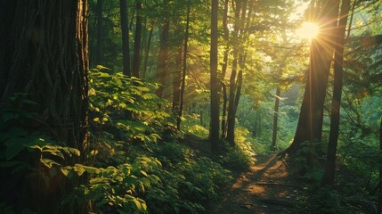 Tranquil forest scenery with towering trees and lush greenery for serene outdoor exploration