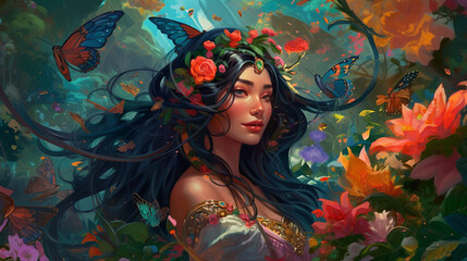 A digital painting of a mystical sorceress with long black hair, standing in a lush garden blooming with exotic flowers and plants. The air is filled with the sweet scent of blossoms, and colorful but