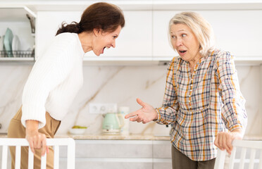Domestic quarrel - an elderly mother quarrels with her adult daughter and starts screaming