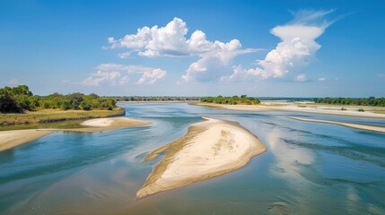 sandbars in river of lower zambezi area in Zambia, Africa

