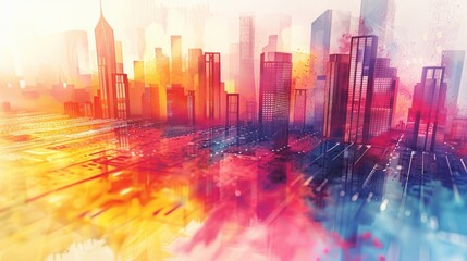 A watercolor painting of a cityscape with bright colors.