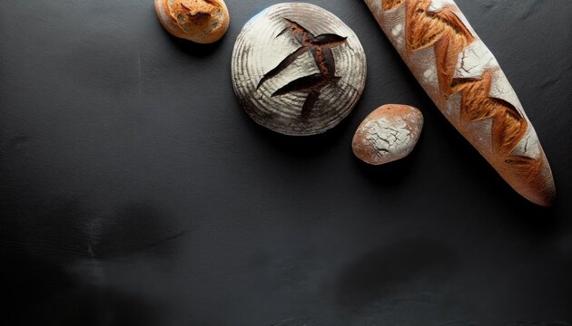 Selection of freshly baked breads with space black stone background.