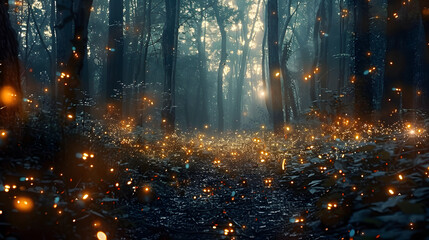 An enchanting scene of fireflies illuminating the darkness of a forest clearing, their bioluminescent glow casting an otherworldly ambiance that