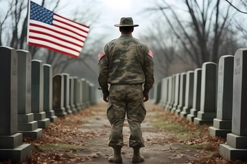 American memorial day, a man in camouflage standing in a cemetery with American flags on the headstones and a flag on the ground, back view