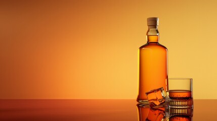 Still life with bottle of strong alcohol drink and a glass on a table with reflection on a brown-orange gradient background. Generative AI