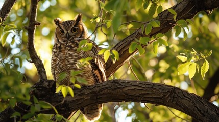 Low angle view of owl perching on branch, Luangwa Valley, Zambia

