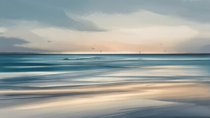 Fototapeta premium the horizon at a tranquil beach, with soft gradients of blue and beige merging seamlessly to create a serene and peaceful atmosphere. gentle waves and distant seagulls in the distance