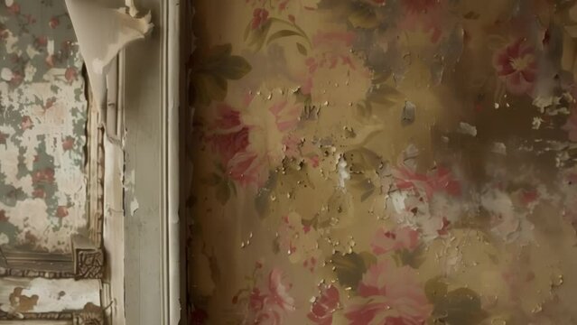 The walls were covered in peeling wallpaper revealing glimpses of faded floral patterns beneath layers of dust and grime. 2d flat cartoon.