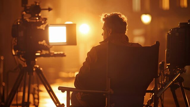 The bright lights of the film set cast a warm glow on the director lounging comfortably in their chair as they oversee the production. .