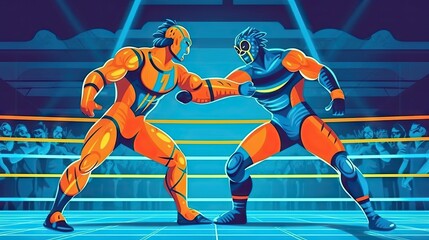 Intense Wrestling Match Between Two Colorful Wrestlers in a Ring