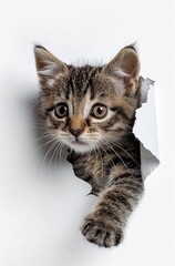 Adorable tabby kitten peeking through a torn white paper hole, showcasing curious and playful feline behavior, ideal for pet-related content.