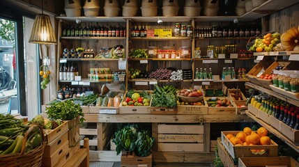 Stylish market shop showcasing a variety of fresh vegetables and eco-friendly products